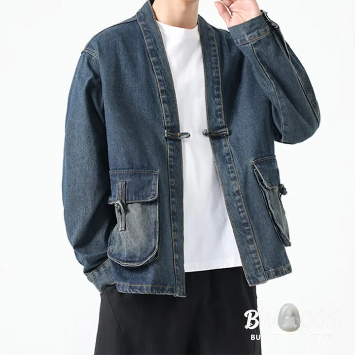 Buddha Stones Denim Button Design Men’s Cotton Long Sleeve Jacket With Pockets - Men’s Jacket