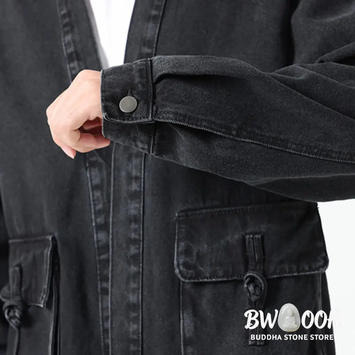 Buddha Stones Denim Button Design Men’s Cotton Long Sleeve Jacket With Pockets - Men’s Jacket