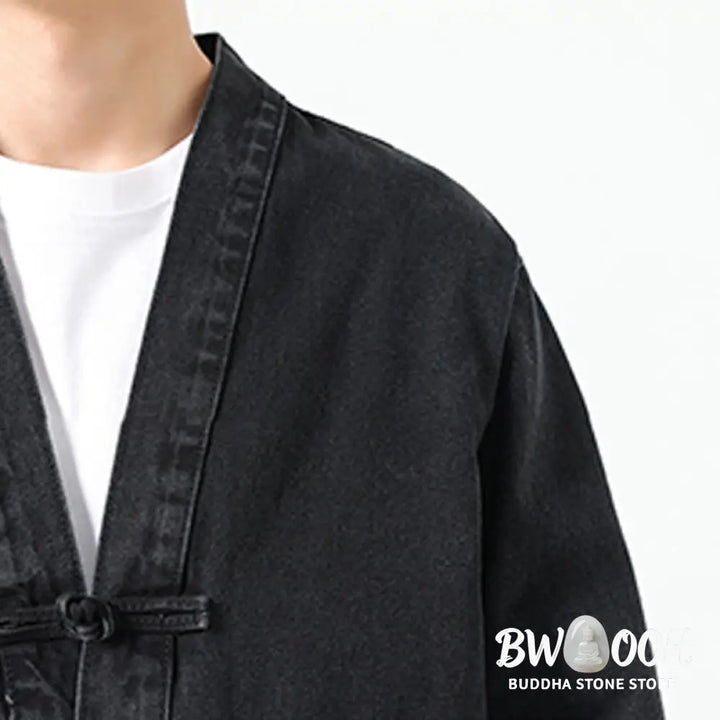 Buddha Stones Denim Button Design Men’s Cotton Long Sleeve Jacket With Pockets - Men’s Jacket