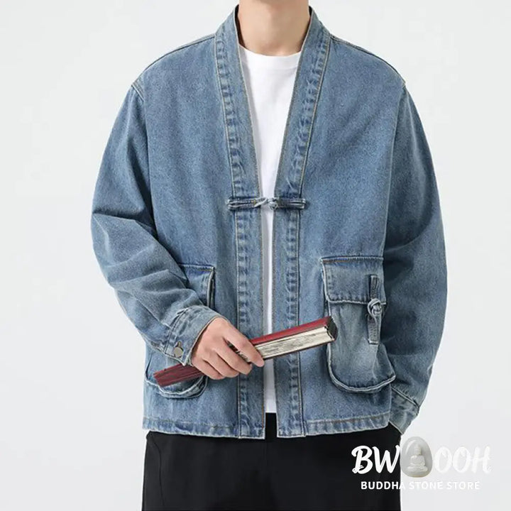 Buddha Stones Denim Button Design Men’s Cotton Long Sleeve Jacket With Pockets - Men’s Jacket