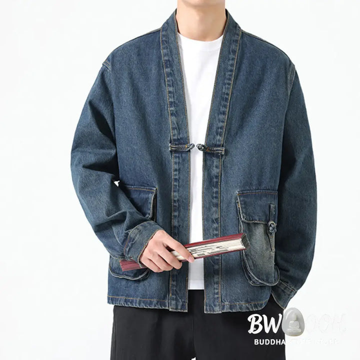 Buddha Stones Denim Button Design Men’s Cotton Long Sleeve Jacket With Pockets - Men’s Jacket