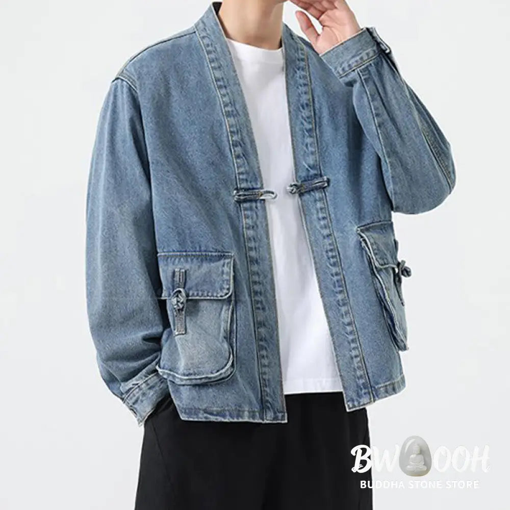 Buddha Stones Denim Button Design Men’s Cotton Long Sleeve Jacket With Pockets - Men’s Jacket