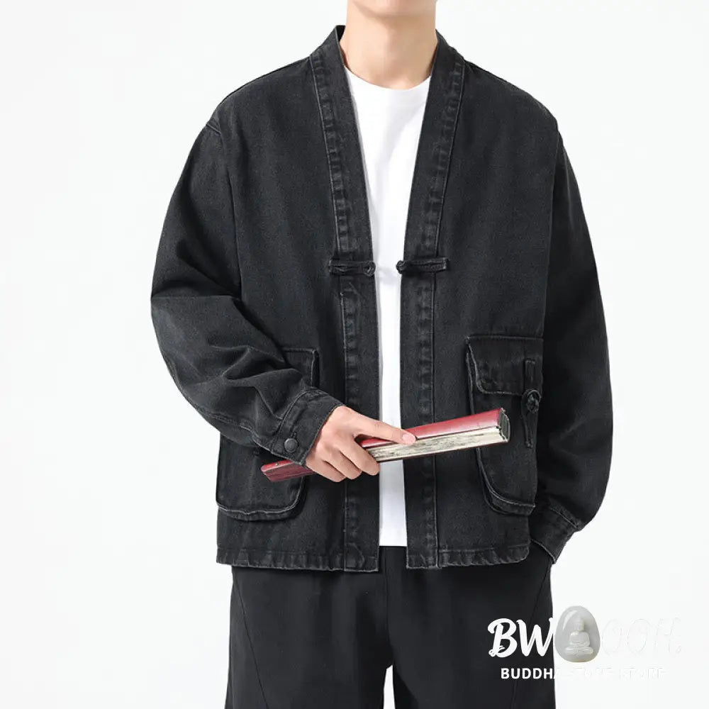 Buddha Stones Denim Button Design Men’s Cotton Long Sleeve Jacket With Pockets - Men’s Jacket