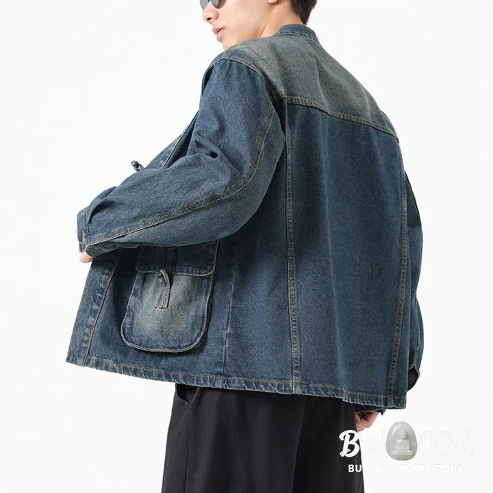 Buddha Stones Denim Button Design Men’s Cotton Long Sleeve Jacket With Pockets - Men’s Jacket