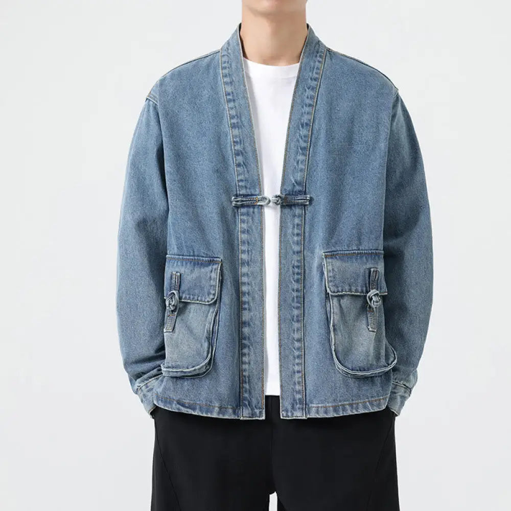 Buddha Stones Denim Button Design Men’s Cotton Long Sleeve Jacket With Pockets - LightSkyBlue / US/UK/AU38，EU48 (L)
