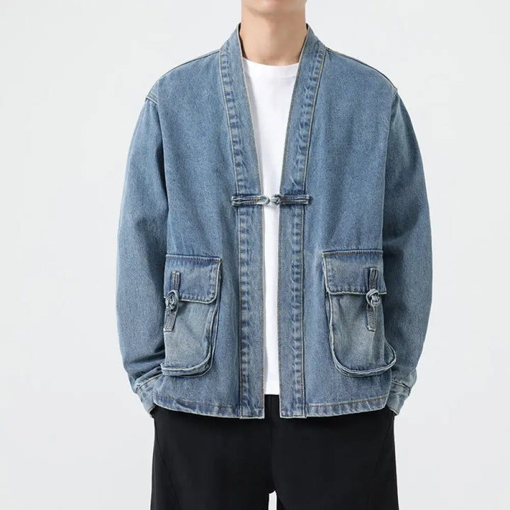 Buddha Stones Denim Button Design Men’s Cotton Long Sleeve Jacket With Pockets - LightSkyBlue / US/UK/AU38，EU48 (L)