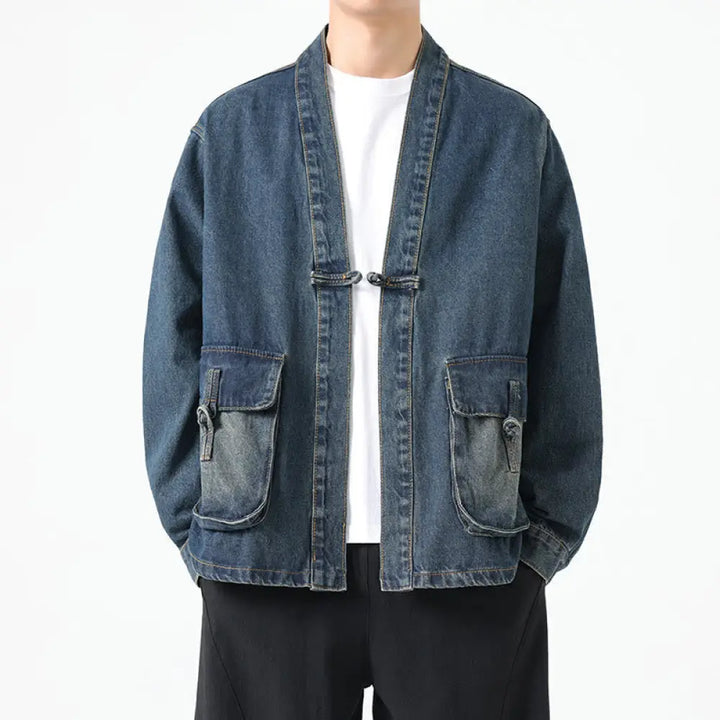 Buddha Stones Denim Button Design Men’s Cotton Long Sleeve Jacket With Pockets - SteelBlue / US/UK/AU38，EU48 (L)