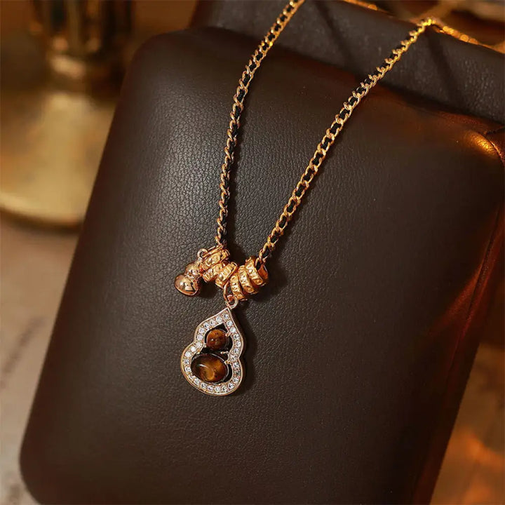 Buddha Stones Double Gourd Tiger Eye Copper Plated Gold Strength Necklace Pendant - BWOOOH - Tiger Eye(Size: About
