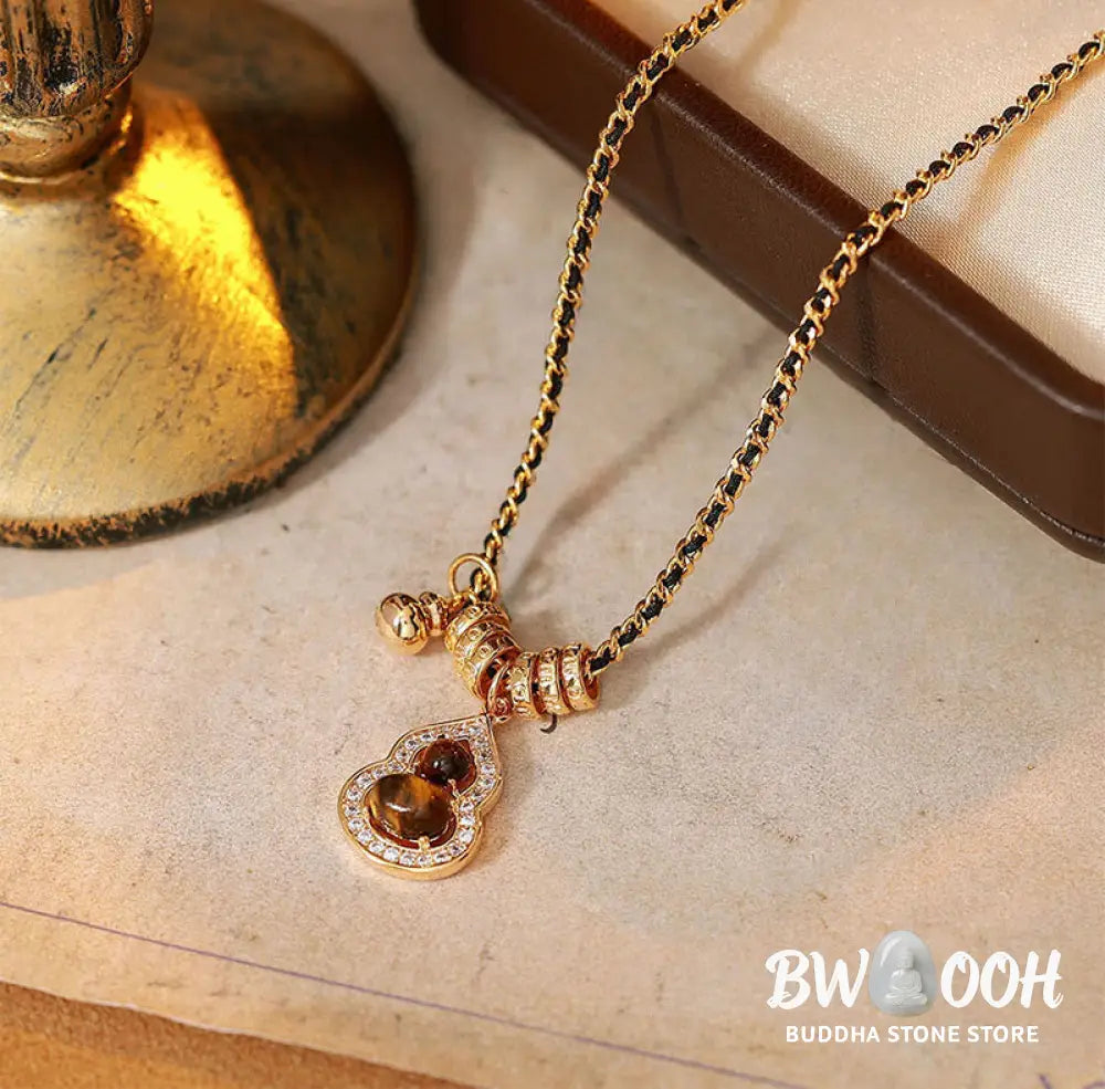 Buddha Stones Double Gourd Tiger Eye Copper Plated Gold Strength Necklace Pendant - BWOOOH - Tiger Eye(Size: About