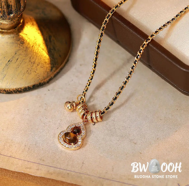 Buddha Stones Double Gourd Tiger Eye Copper Plated Gold Strength Necklace Pendant - BWOOOH - Tiger Eye(Size: About