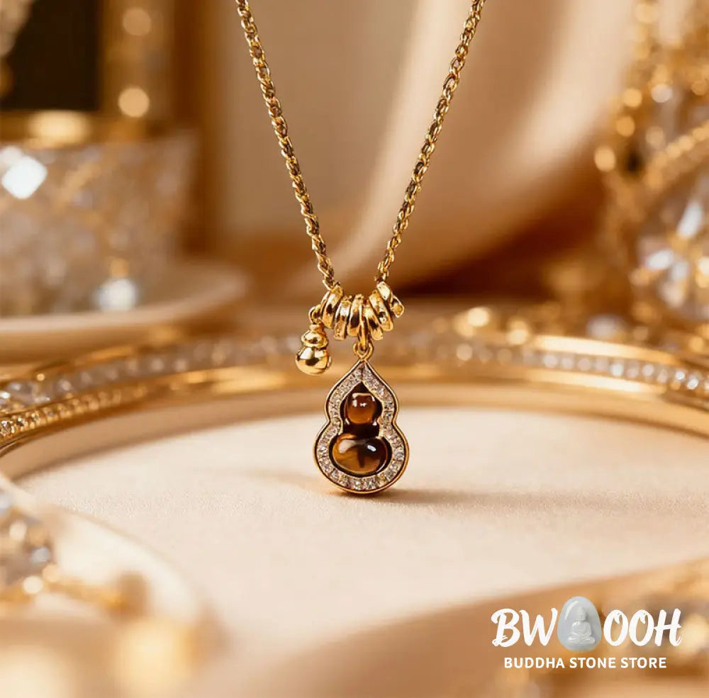 Buddha Stones Double Gourd Tiger Eye Copper Plated Gold Strength Necklace Pendant - BWOOOH - Tiger Eye(Size: About
