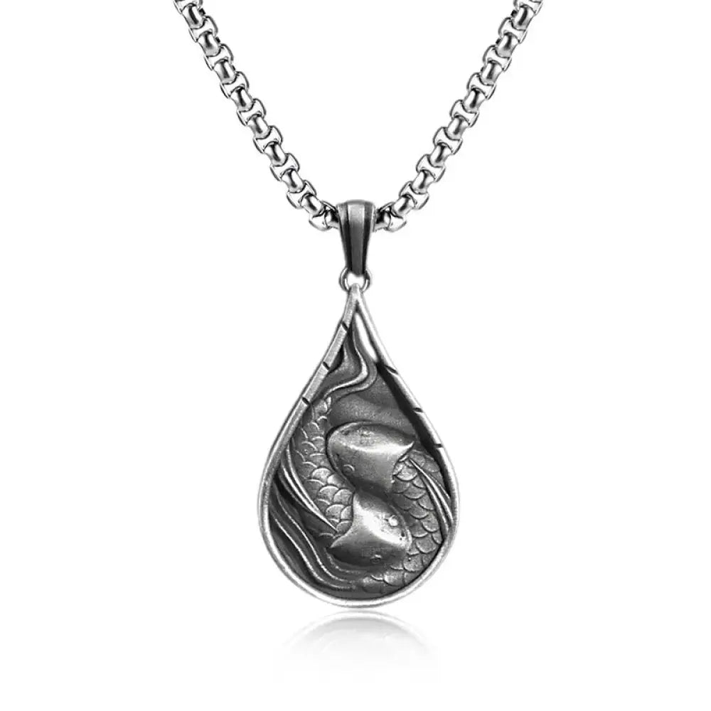 Buddha Stones Double Lucky Koi Fish Prosperity Pure Tin Water Drop Pattern Necklace Pendant - BWOOOH - Koi Fish