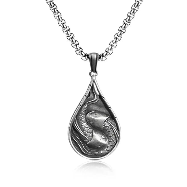Buddha Stones Double Lucky Koi Fish Prosperity Pure Tin Water Drop Pattern Necklace Pendant - BWOOOH - Koi Fish