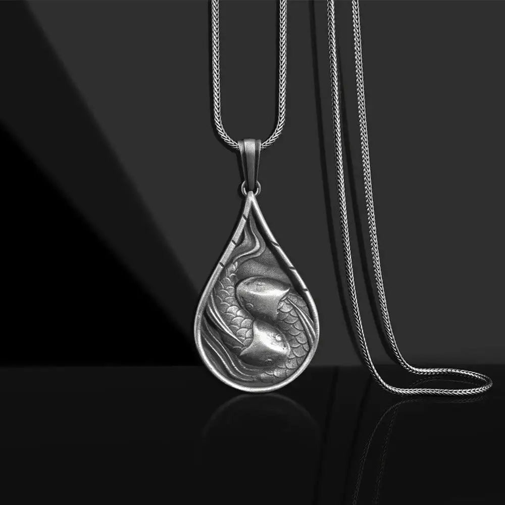 BWOOOH Double Lucky Koi Fish Prosperity Pure Tin Water Drop Pattern Necklace Pendant 45cm
