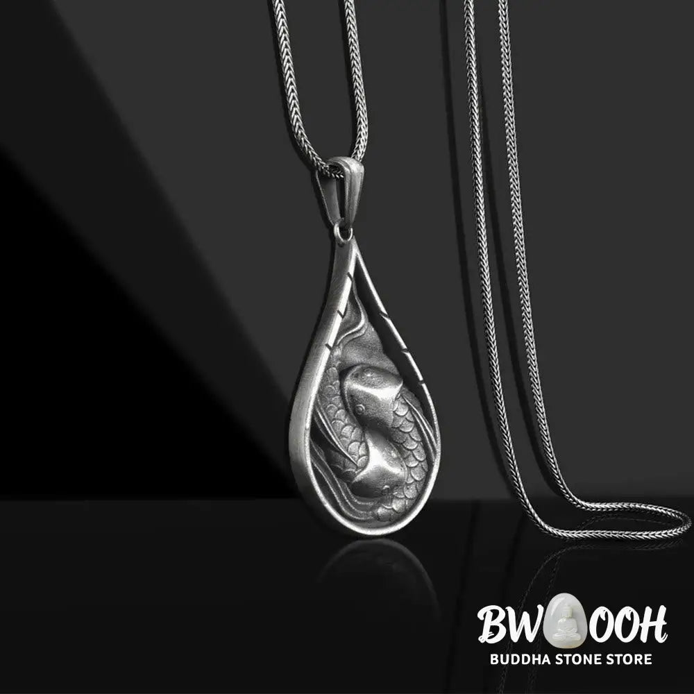 Buddha Stones Double Lucky Koi Fish Prosperity Pure Tin Water Drop Pattern Necklace Pendant - BWOOOH - Necklaces &