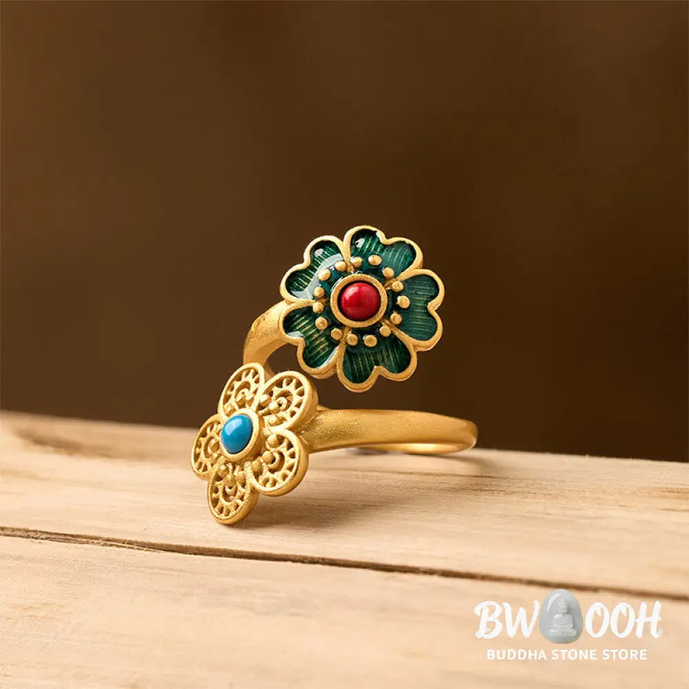 Buddha Stones Double Petals Copper Dripping Turquoise Wealth Ring - Copper Petals - Ring