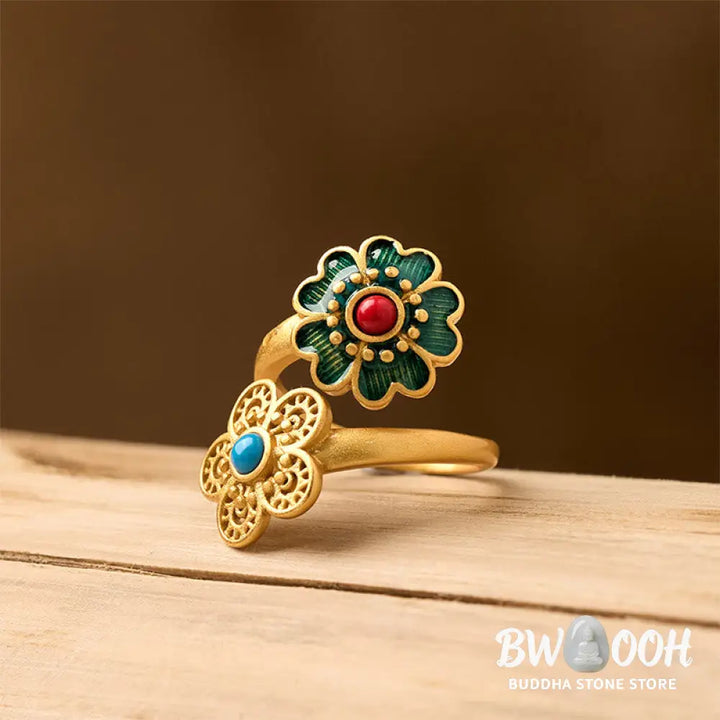 Buddha Stones Double Petals Copper Dripping Turquoise Wealth Ring - Copper Petals - Ring