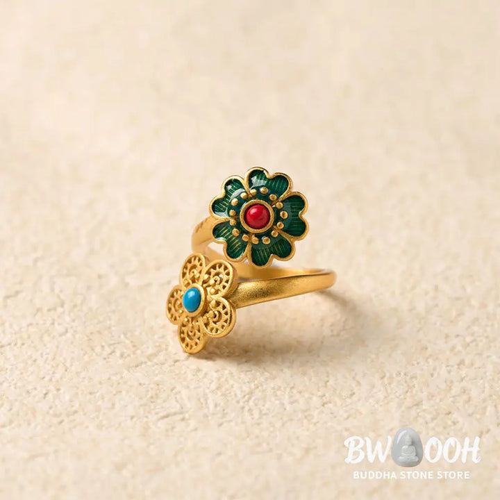Buddha Stones Double Petals Copper Dripping Turquoise Wealth Ring - Copper Petals - Ring
