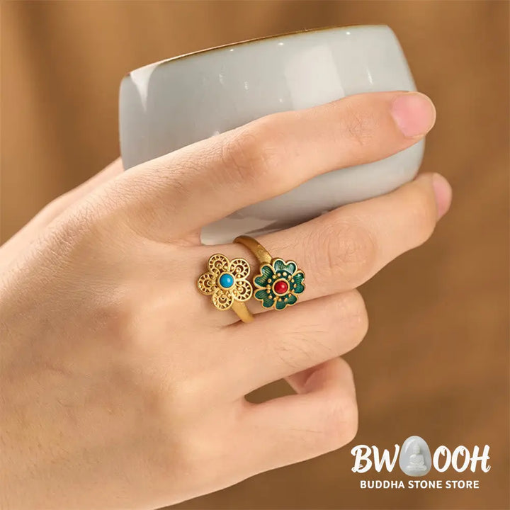 Buddha Stones Double Petals Copper Dripping Turquoise Wealth Ring - Copper Petals - Ring