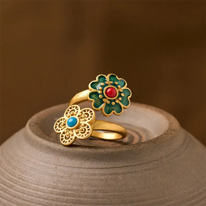BWOOOH Double Petals Copper Dripping Turquoise Wealth Ring — Copper spiritual jewelry for spiritual healing and mindful li...