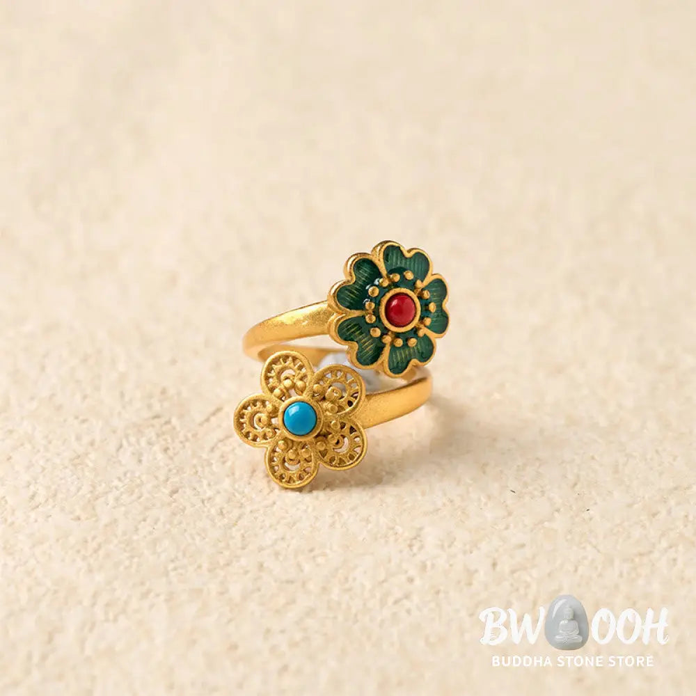 Buddha Stones Double Petals Copper Dripping Turquoise Wealth Ring - Copper Petals - Ring