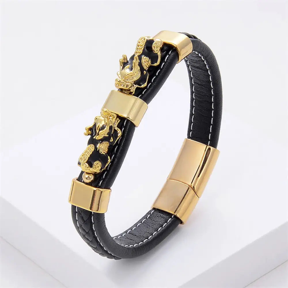 Buddha Stones Double PiXiu Wealth Luck Leather Magnetic Buckle Bracelet - BWOOOH - Black Gold PiXiu / 16-18cm - Bracelet
