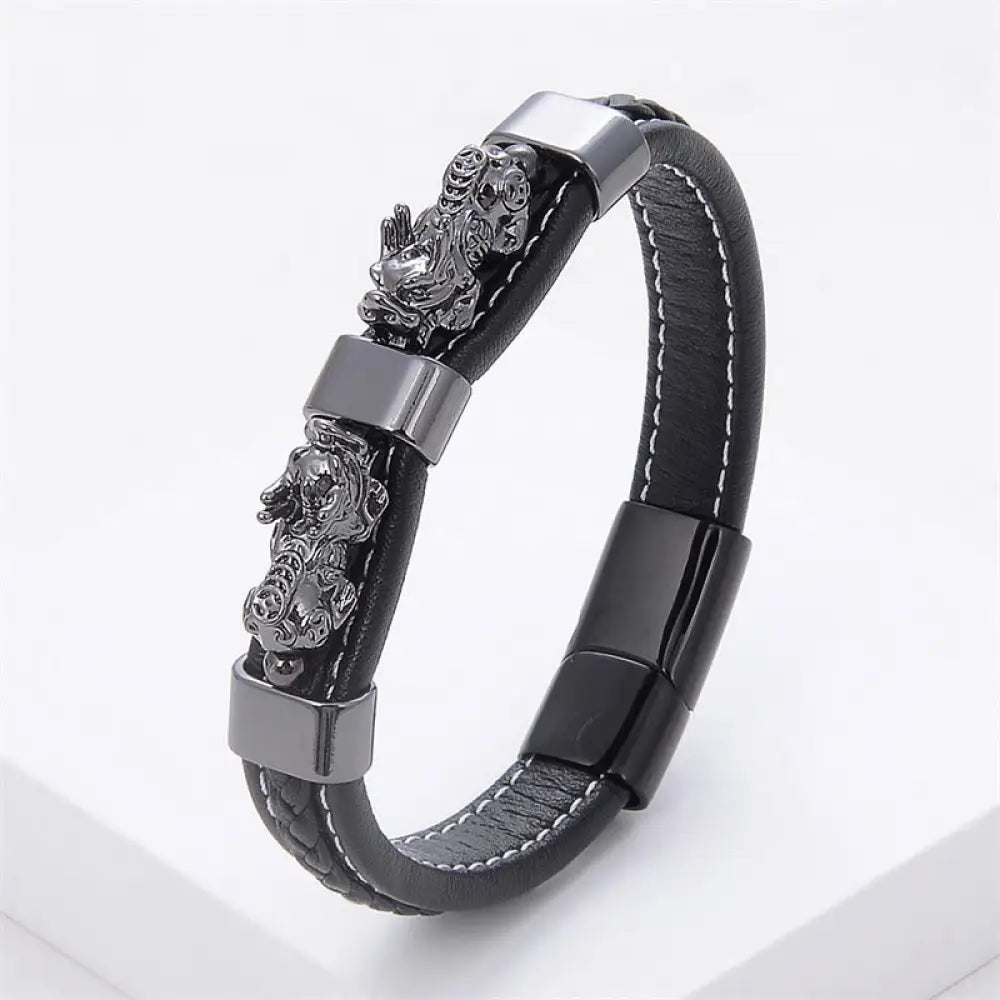 Buddha Stones Double PiXiu Wealth Luck Leather Magnetic Buckle Bracelet - BWOOOH - Black Gray PiXiu / 16-18cm - Bracelet