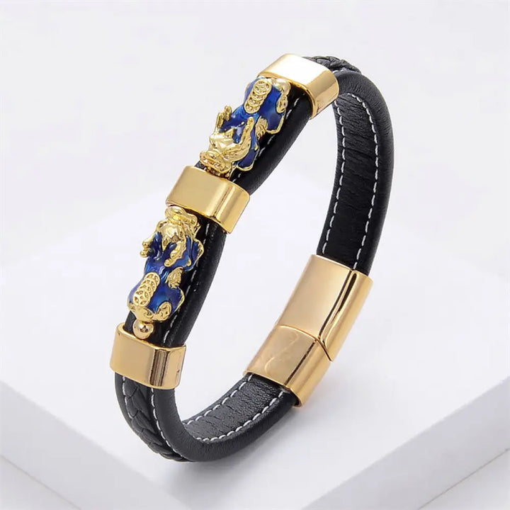 Buddha Stones Double PiXiu Wealth Luck Leather Magnetic Buckle Bracelet - BWOOOH - Blue PiXiu / 16-18cm - Bracelet