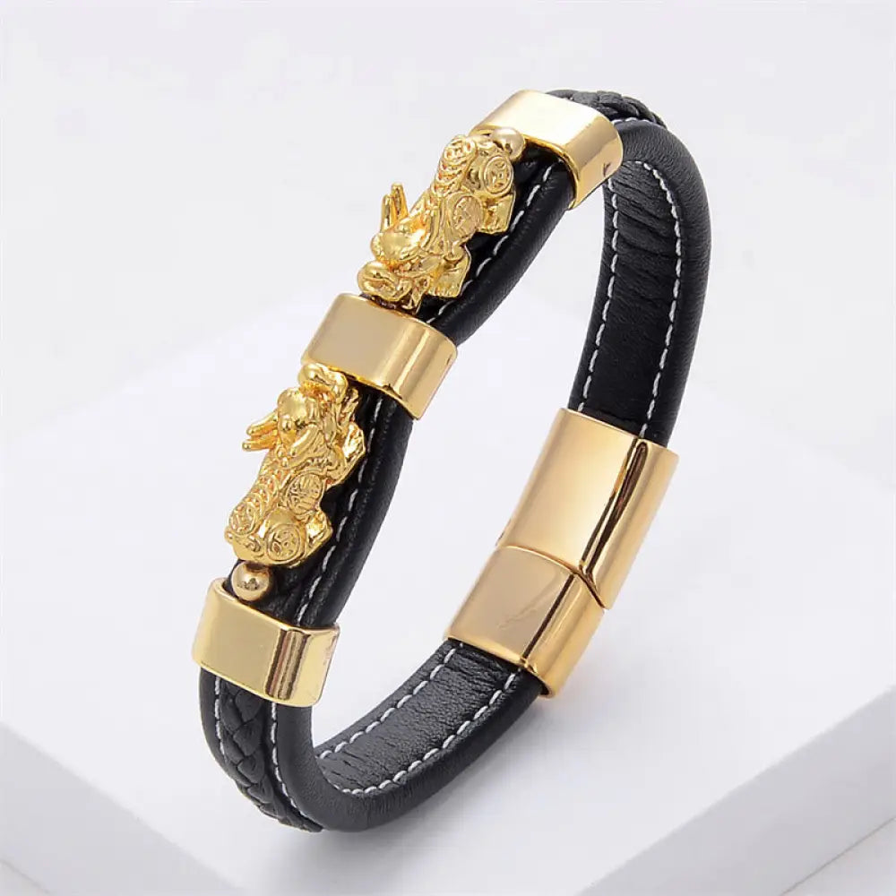 BWOOOH Double PiXiu Wealth Luck Leather Magnetic Buckle Bracelet - BWOOOH - Gold PiXiu / 16-18cm - Bracelet