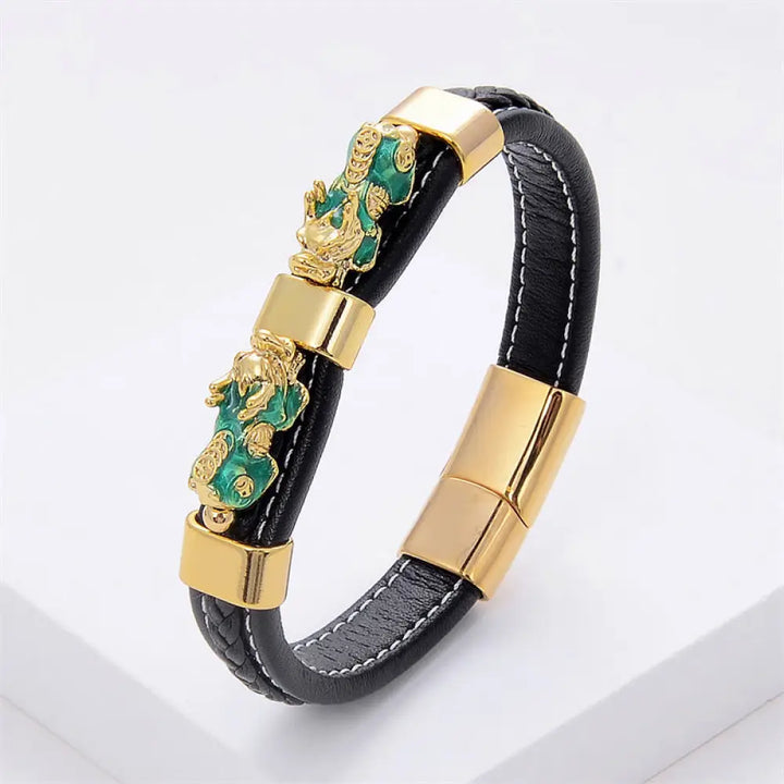 Buddha Stones Double PiXiu Wealth Luck Leather Magnetic Buckle Bracelet - BWOOOH - Green PiXiu / 16-18cm - Bracelet