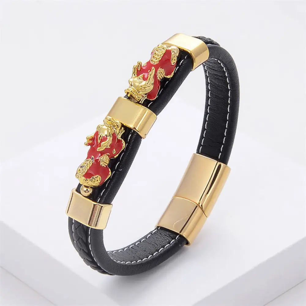 Buddha Stones Double PiXiu Wealth Luck Leather Magnetic Buckle Bracelet - BWOOOH - Red PiXiu / 16-18cm - Bracelet
