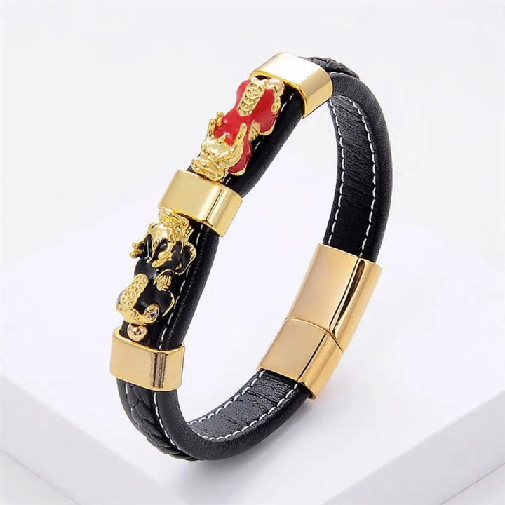 Buddha Stones Double PiXiu Wealth Luck Leather Magnetic Buckle Bracelet - BWOOOH - Red Black PiXiu / 16-18cm - Bracelet