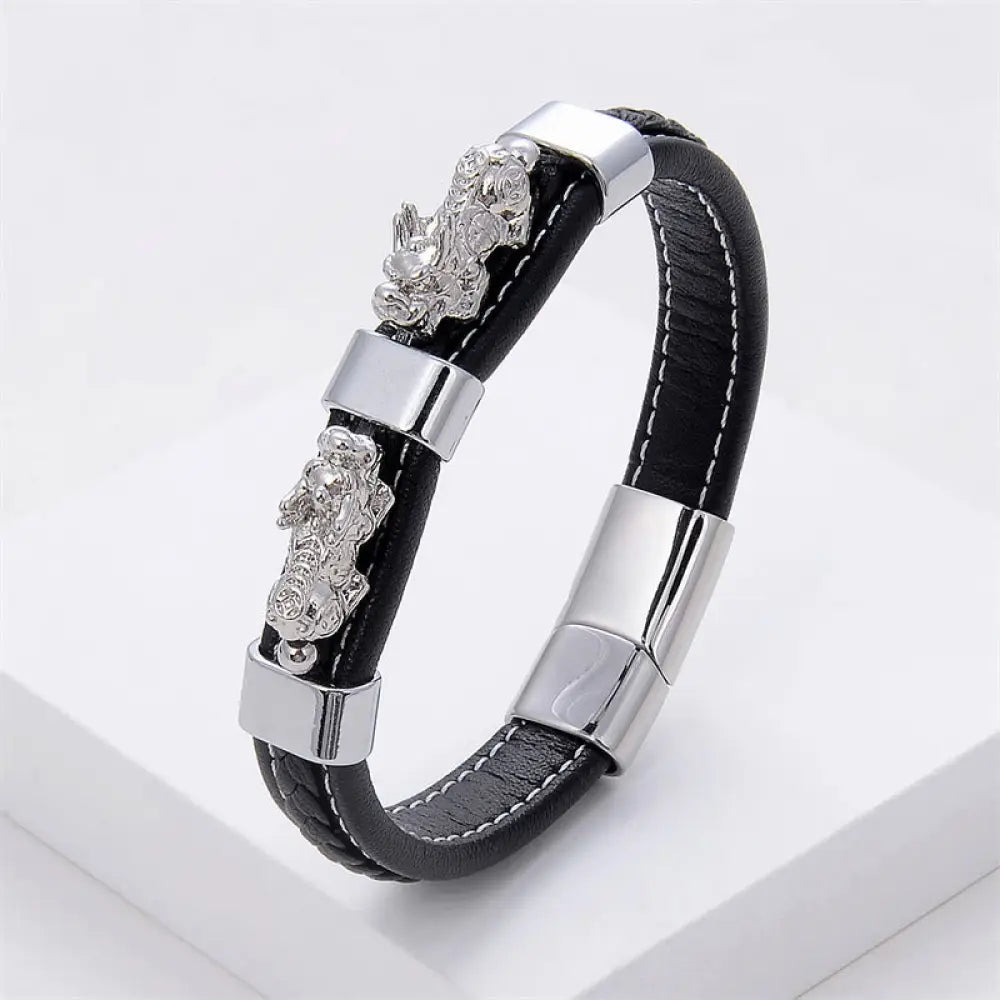 Buddha Stones Double PiXiu Wealth Luck Leather Magnetic Buckle Bracelet - BWOOOH - Silver PiXiu / 16-18cm - Bracelet