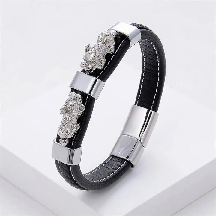 Buddha Stones Double PiXiu Wealth Luck Leather Magnetic Buckle Bracelet - BWOOOH - Silver PiXiu / 16-18cm - Bracelet