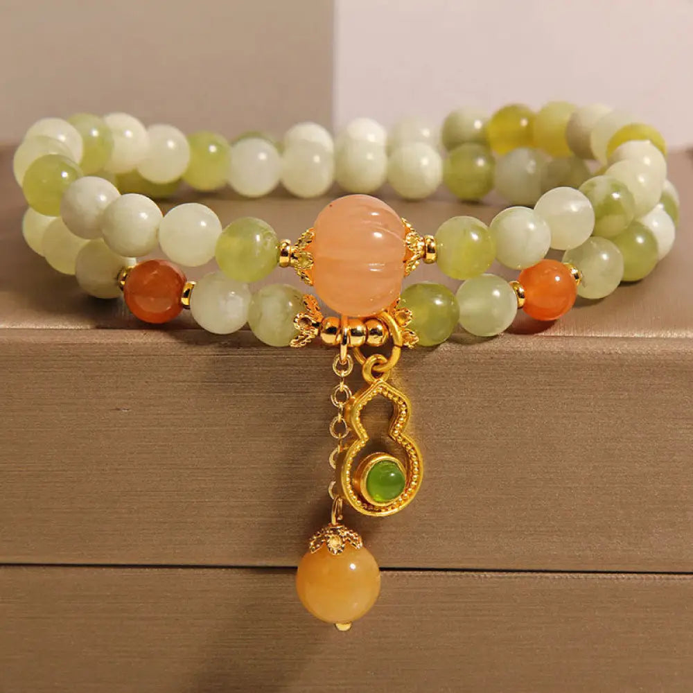 Buddha Stones Double Wrap Gourd Pumpkin Green Grape Serpentine Jade Luck Bracelet - Green Grape Serpentine Jade(Wrist