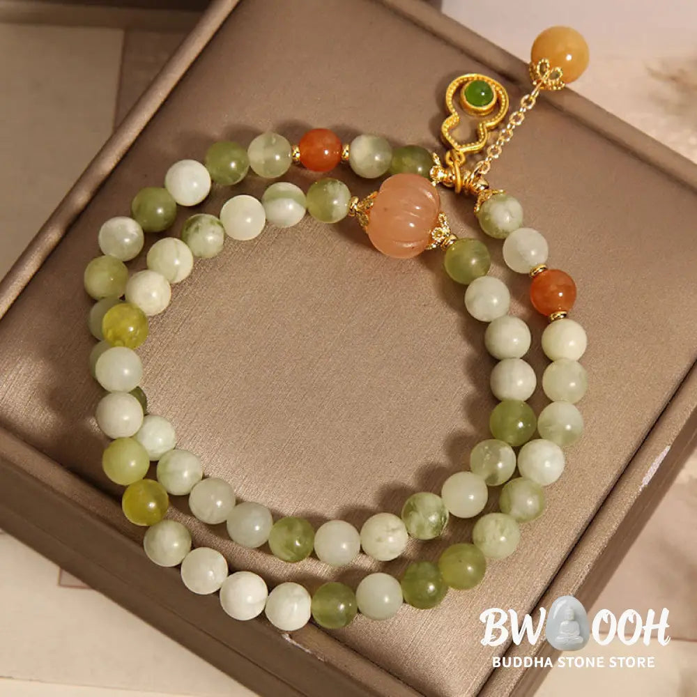 Buddha Stones Double Wrap Gourd Pumpkin Green Grape Serpentine Jade Luck Bracelet - Green Grape Serpentine Jade(Wrist