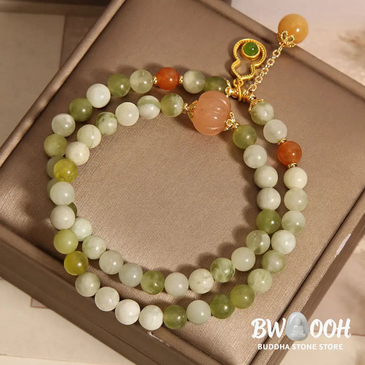 Buddha Stones Double Wrap Gourd Pumpkin Green Grape Serpentine Jade Luck Bracelet - Green Grape Serpentine Jade(Wrist