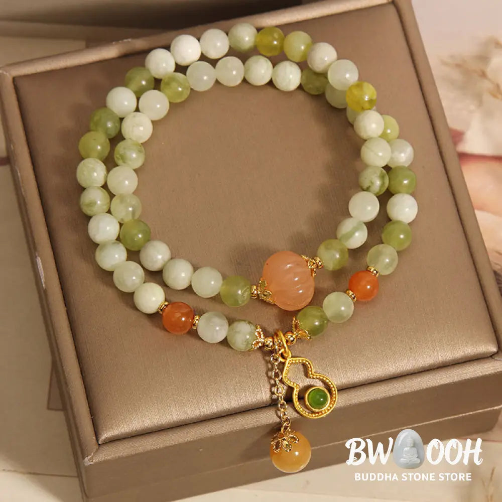 Buddha Stones Double Wrap Gourd Pumpkin Green Grape Serpentine Jade Luck Bracelet - Green Grape Serpentine Jade(Wrist