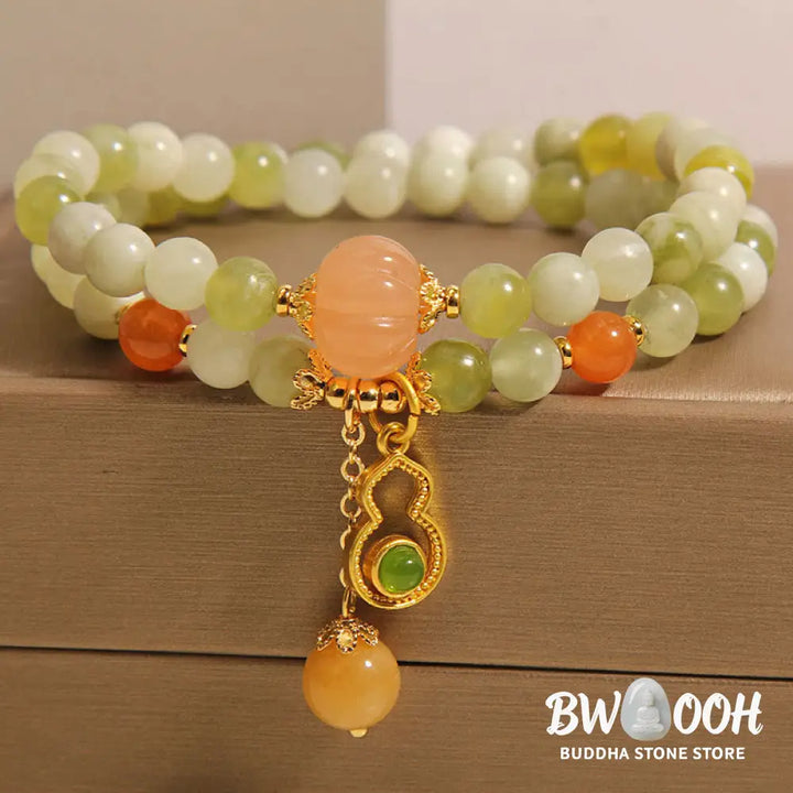 Buddha Stones Double Wrap Gourd Pumpkin Green Grape Serpentine Jade Luck Bracelet - Green Grape Serpentine Jade(Wrist