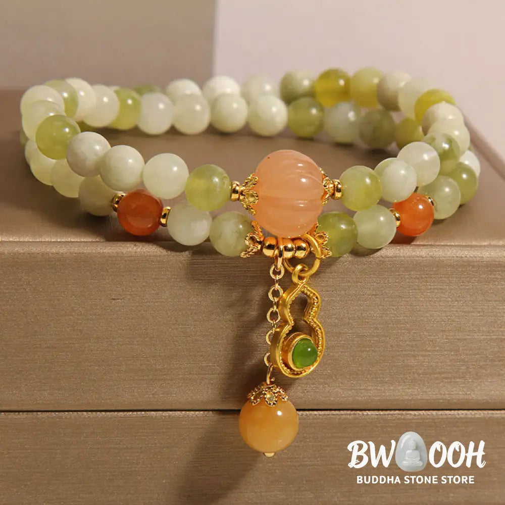 Buddha Stones Double Wrap Gourd Pumpkin Green Grape Serpentine Jade Luck Bracelet - Green Grape Serpentine Jade(Wrist