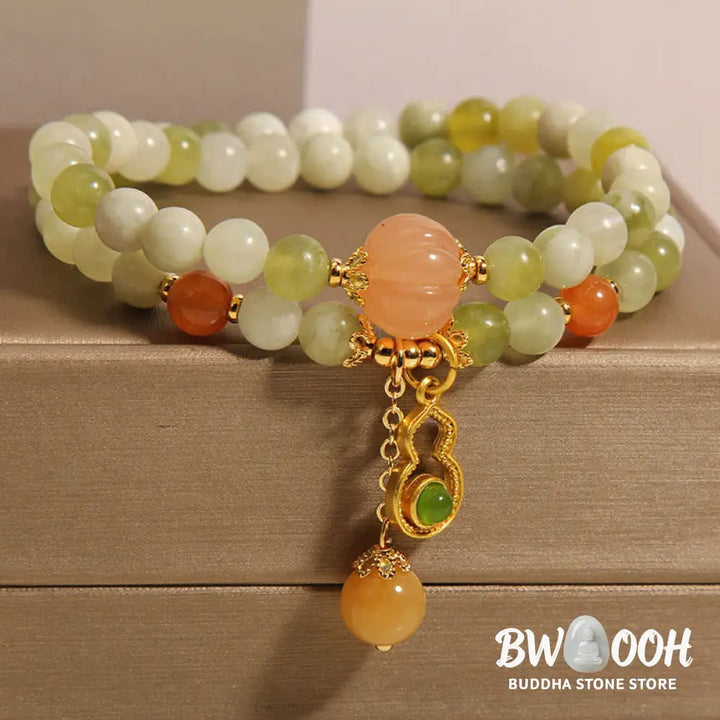 Buddha Stones Double Wrap Gourd Pumpkin Green Grape Serpentine Jade Luck Bracelet - Green Grape Serpentine Jade(Wrist