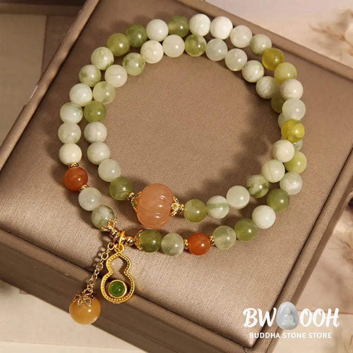 Buddha Stones Double Wrap Gourd Pumpkin Green Grape Serpentine Jade Luck Bracelet - Green Grape Serpentine Jade(Wrist