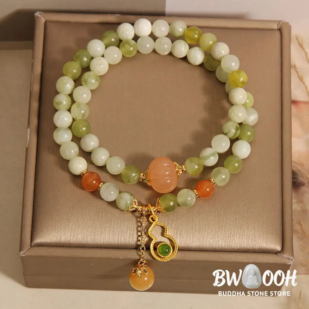 Buddha Stones Double Wrap Gourd Pumpkin Green Grape Serpentine Jade Luck Bracelet - Green Grape Serpentine Jade(Wrist