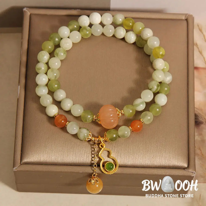 Buddha Stones Double Wrap Gourd Pumpkin Green Grape Serpentine Jade Luck Bracelet - Green Grape Serpentine Jade(Wrist