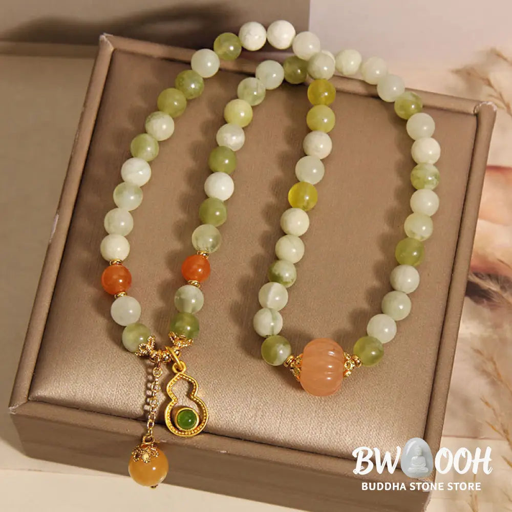 Buddha Stones Double Wrap Gourd Pumpkin Green Grape Serpentine Jade Luck Bracelet - Green Grape Serpentine Jade(Wrist