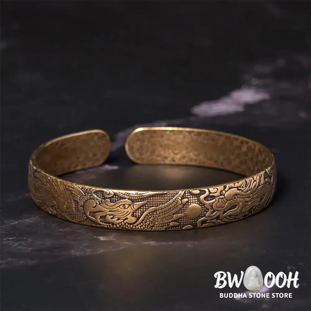 Buddha Stones Dragon And Phoenix Playing With A Pearl Carved Copper Brass Luck Protection Bracelet Bangle - BWOOOH