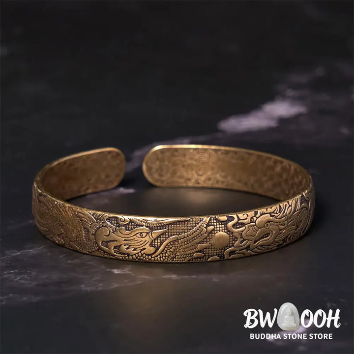 Buddha Stones Dragon And Phoenix Playing With A Pearl Carved Copper Brass Luck Protection Bracelet Bangle - BWOOOH