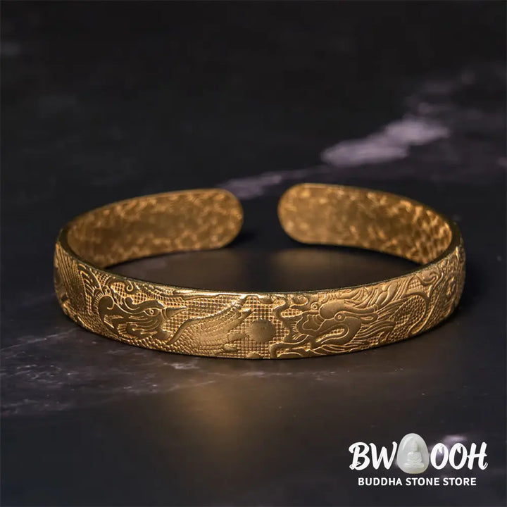 Buddha Stones Dragon And Phoenix Playing With A Pearl Carved Copper Brass Luck Protection Bracelet Bangle - BWOOOH
