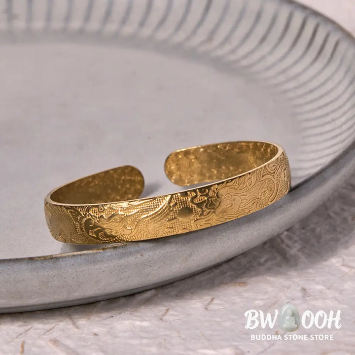 Buddha Stones Dragon And Phoenix Playing With A Pearl Carved Copper Brass Luck Protection Bracelet Bangle - BWOOOH