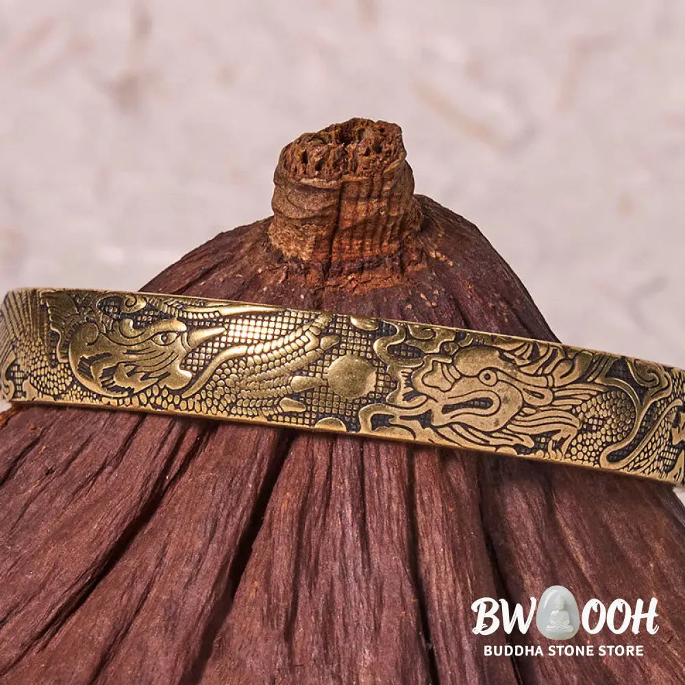 Buddha Stones Dragon And Phoenix Playing With A Pearl Carved Copper Brass Luck Protection Bracelet Bangle - BWOOOH